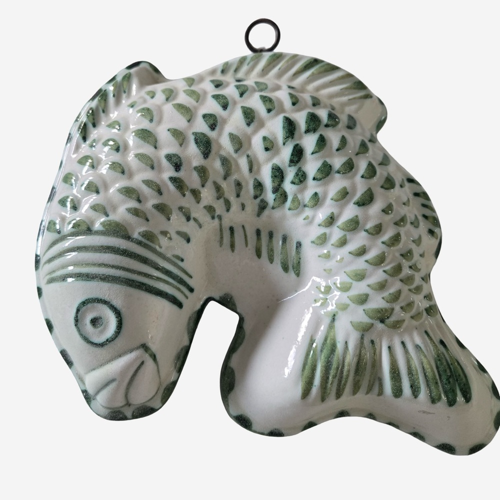 Vintage Italian Green & White Ceramic Fish Wall Hanging / Retro Wall Art